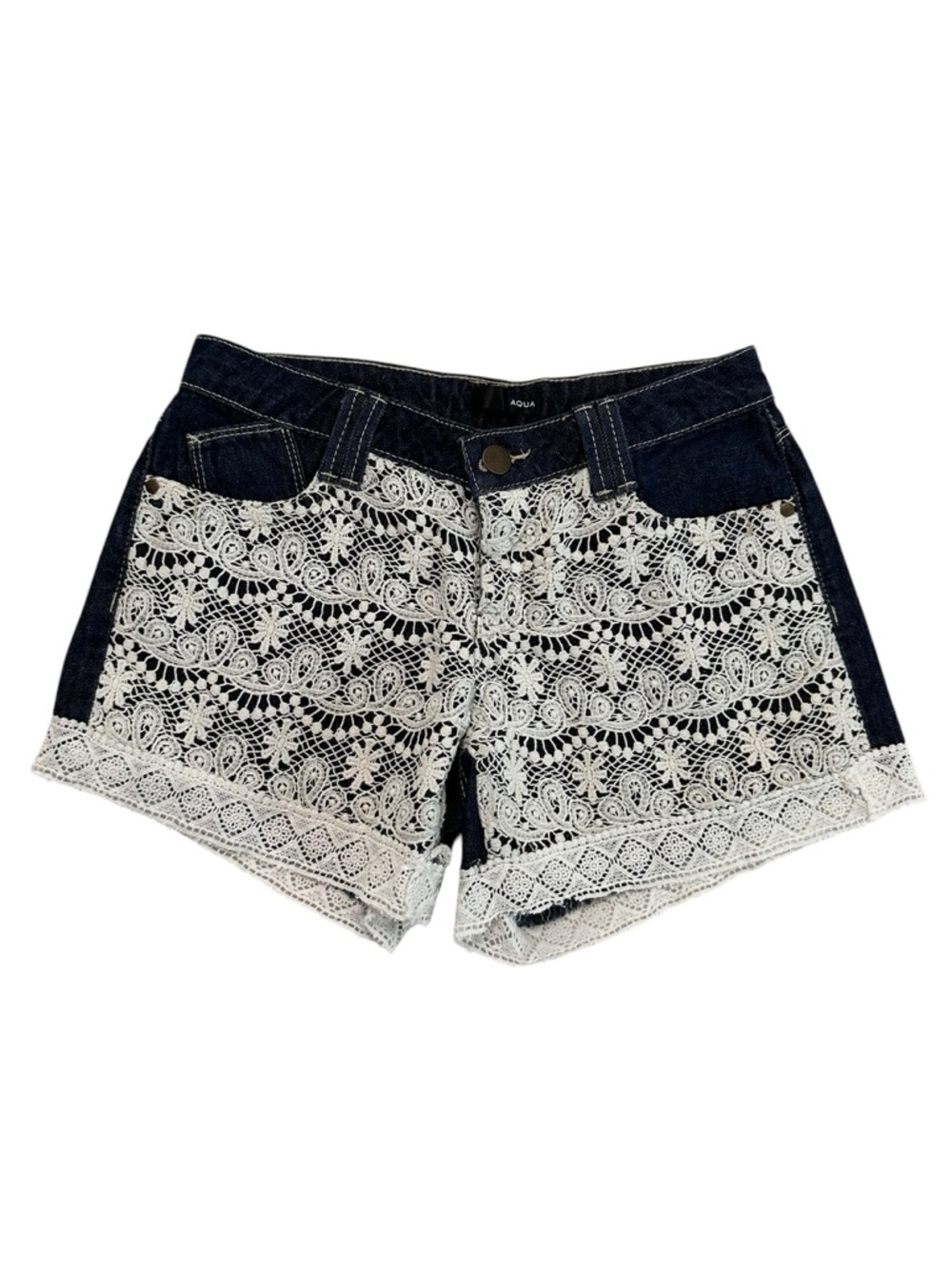 Aqua Women Casual Shorts Denim With Embroidered Lace Paneling 100% Cotton Sz 26